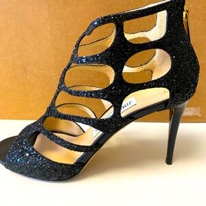 Jummy Choo black glitter cage heels
